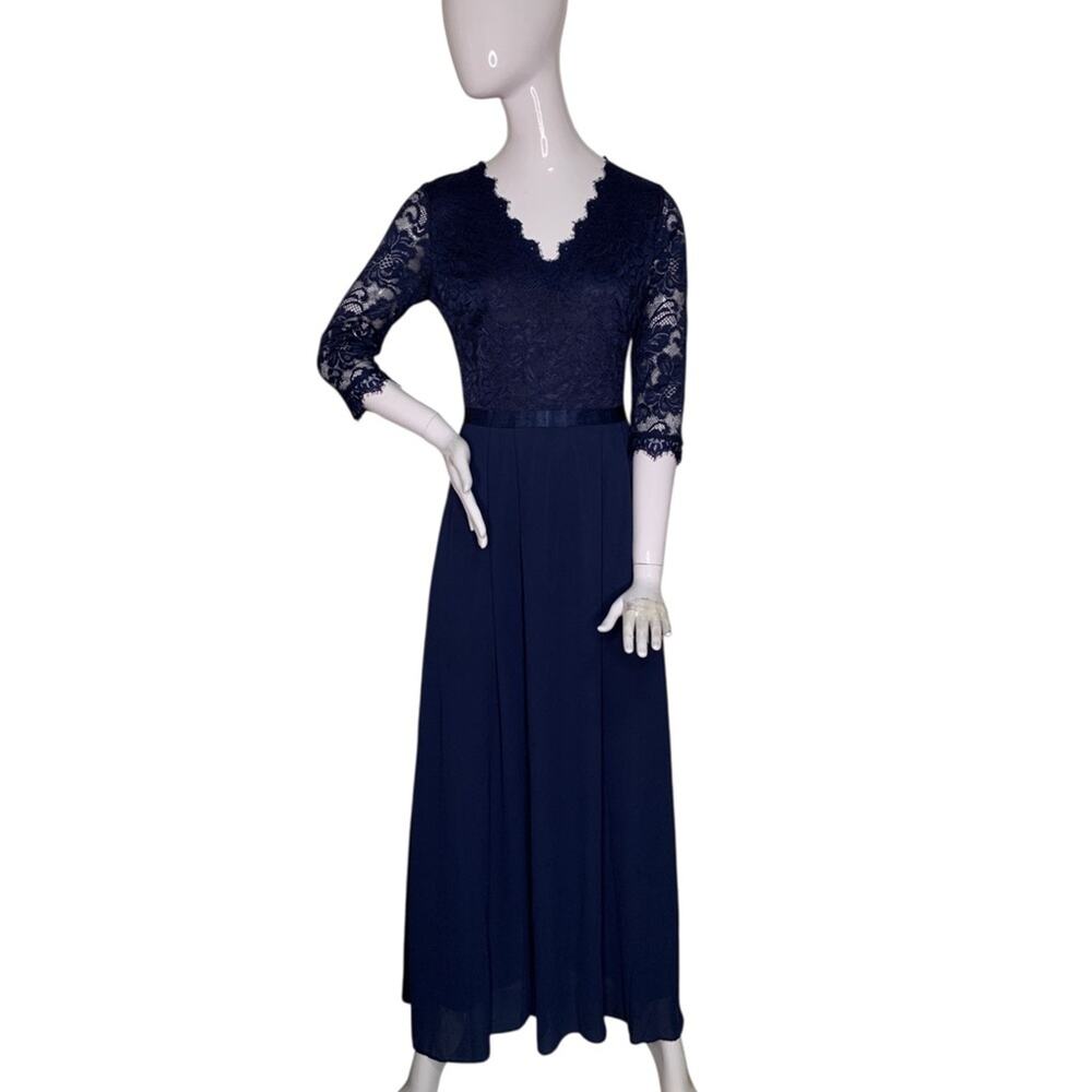 Miss May Maxi Dress Navy Blue V-Neck Floral Lace Bodice 3/4 Sleeve Size S